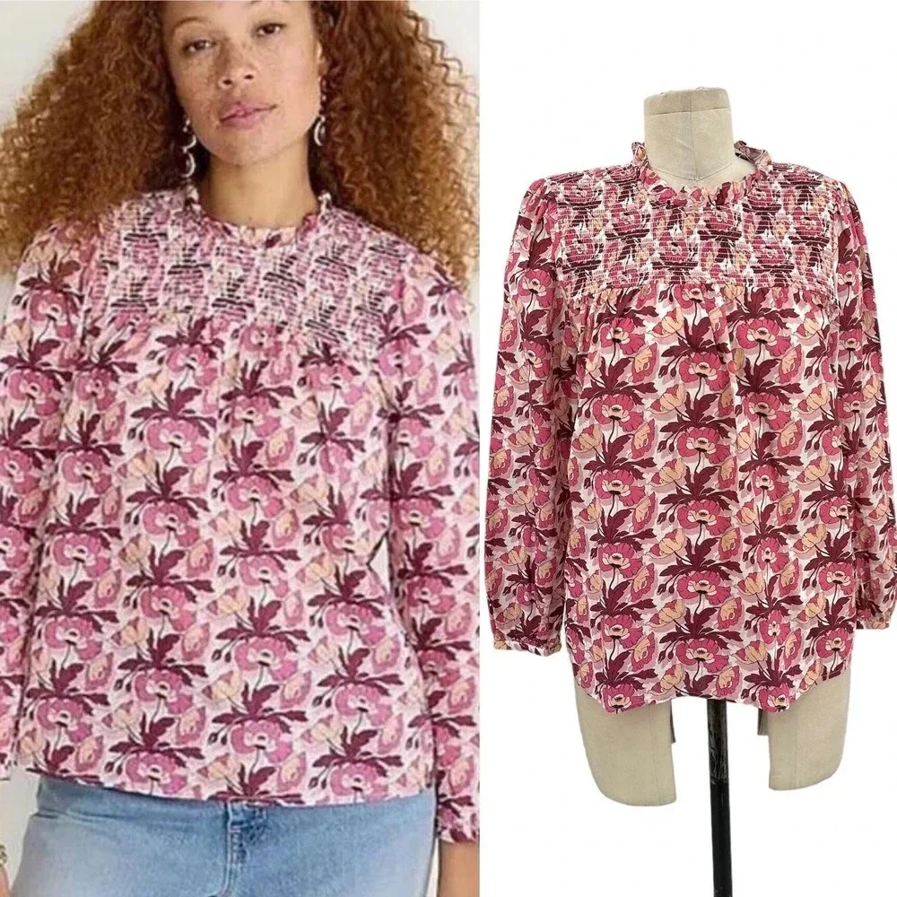 J.‎ Crew Smocked Button-Back top Liberty Butterfield Poppy Organic Cotton Small